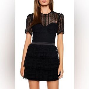 Bardot Black Lace Tiered Mini Dress